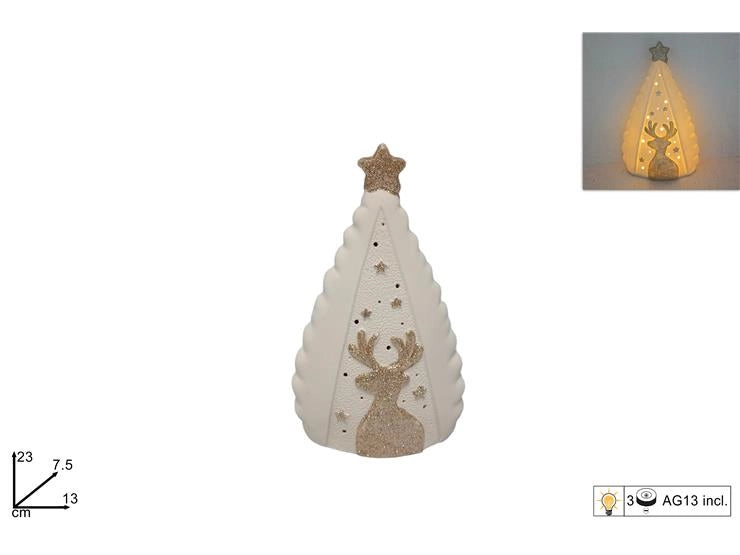Decorazione Natalizia Albero di Natale Bianco con Renna Glitterata e Luci 23 cm