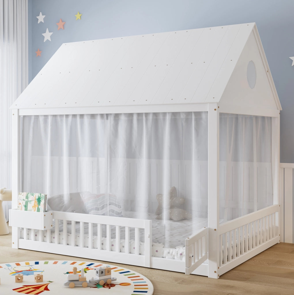 Letto singolo per bambini 140x200 cm con dettagli a finestra e piccolo vano contenitivo