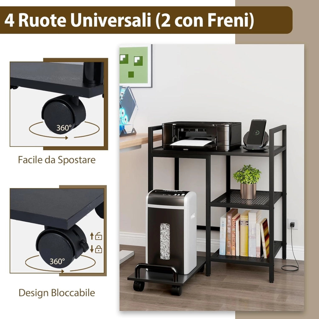 Supporto per Stampante con Stazione di Ricarica, Tavolino per Stampante a 3 Ripiani con Scaffali Portaoggetti, Supporto Mobile con Ruote Blocccabili per Studio e Ufficio (Nero)