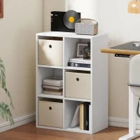 Libreria a Cubi con 6 Compartimenti e 3 Cassetti di Stoffa 53,7x30x79,8 cm Bianco e Beige