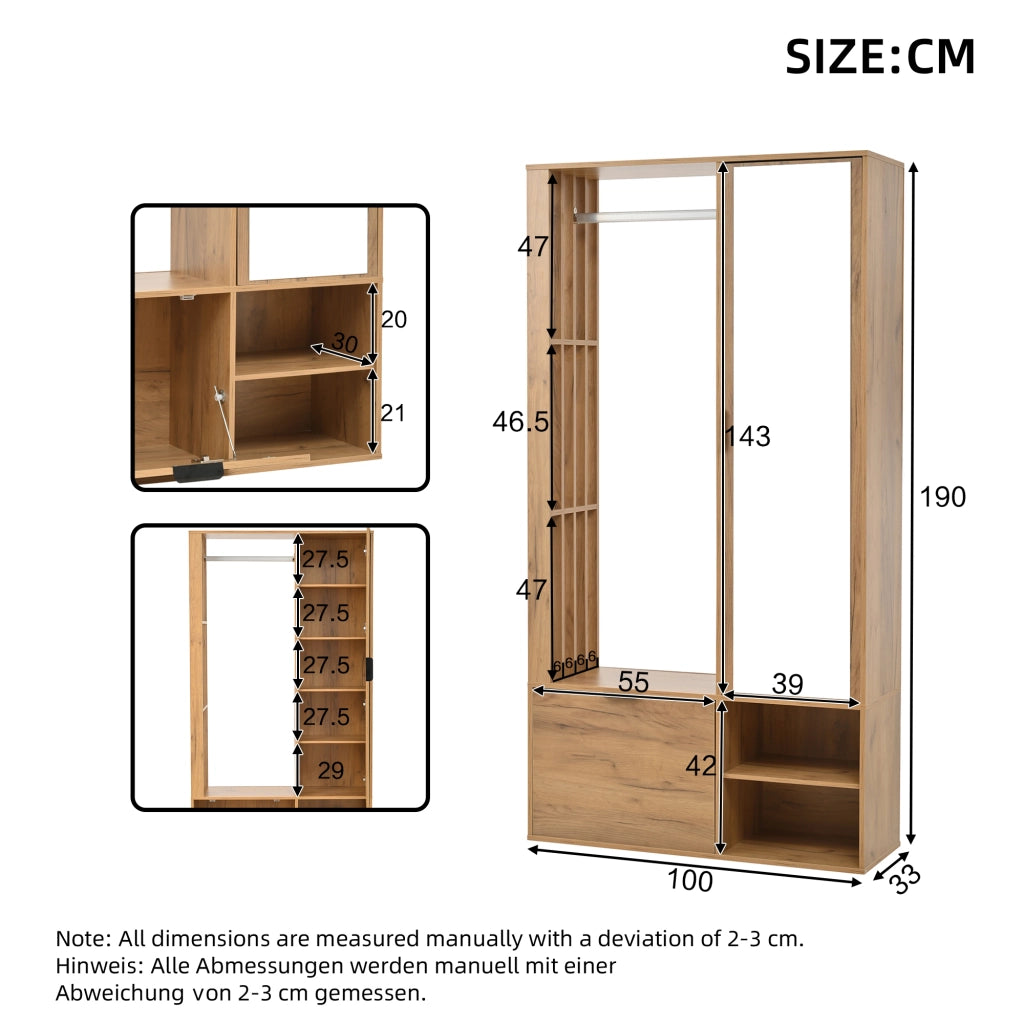 Mobile da Ingresso con 2 Armadi; 9 Vani; Barra Appendiabiti; Specchio; per Ingresso in Truciolare 100×33×190 cm