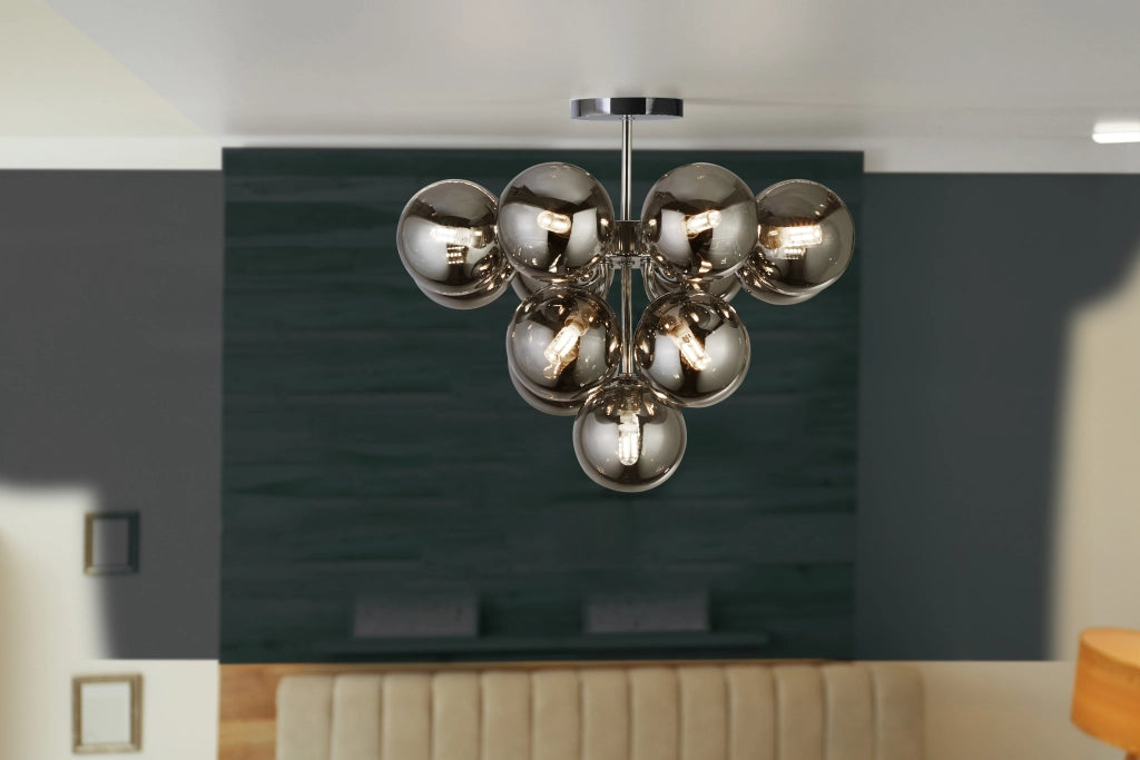 Lampadario Contemporaneo Bacca Acciaio Cromo Vetro Fumè 13 Luci G9