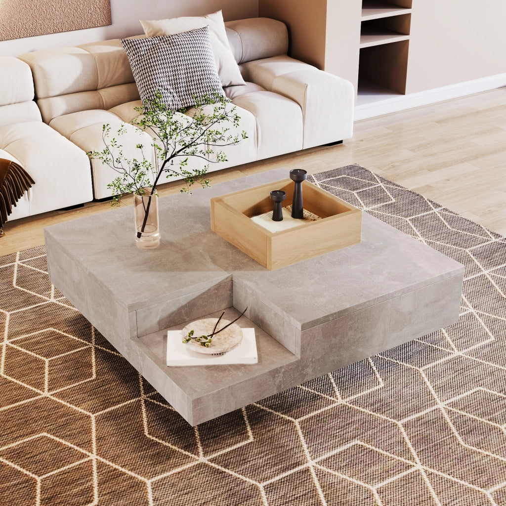 TAVOLINO DA CAFFÈ 72x72x30 cm Grigio cemento e colore legno con contenitore rimovibile