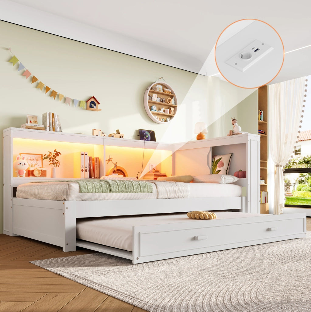 Daybed 90x200 cm con letto estraibile; LED; presa; USB e Type-C; bianco