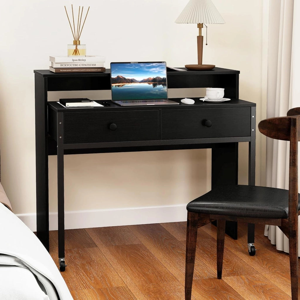 Scrivania per computer con piano estensibile, 100 x 63 x 88 cm, 2 cassetti e ripiano aperto, design compatto con ruote, tavolo da lavoro per camera da letto, ufficio (nero)