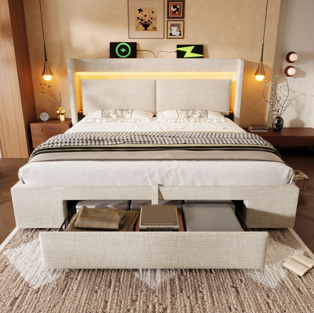 Letto imbottito 140x200 cm con contenitore; LED; USB e materasso; beige