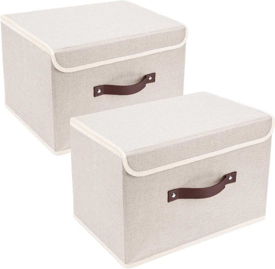 Cassetta di archiviazione pieghevole con coperchio stoffato, lavabile, 38x25x25cm, 2 pezzi, beige