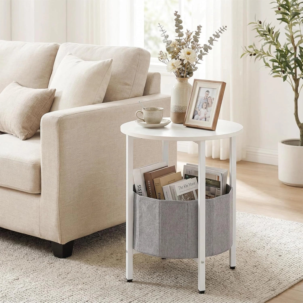 Tavolino rotondo a 2 livelli, tavolino da caffè con cesto portaoggetti in tessuto, telaio in metallo, tavolino per soggiorno, camera da letto, ufficio, 44 x 44 x 60,5 cm (bianco+grigio)