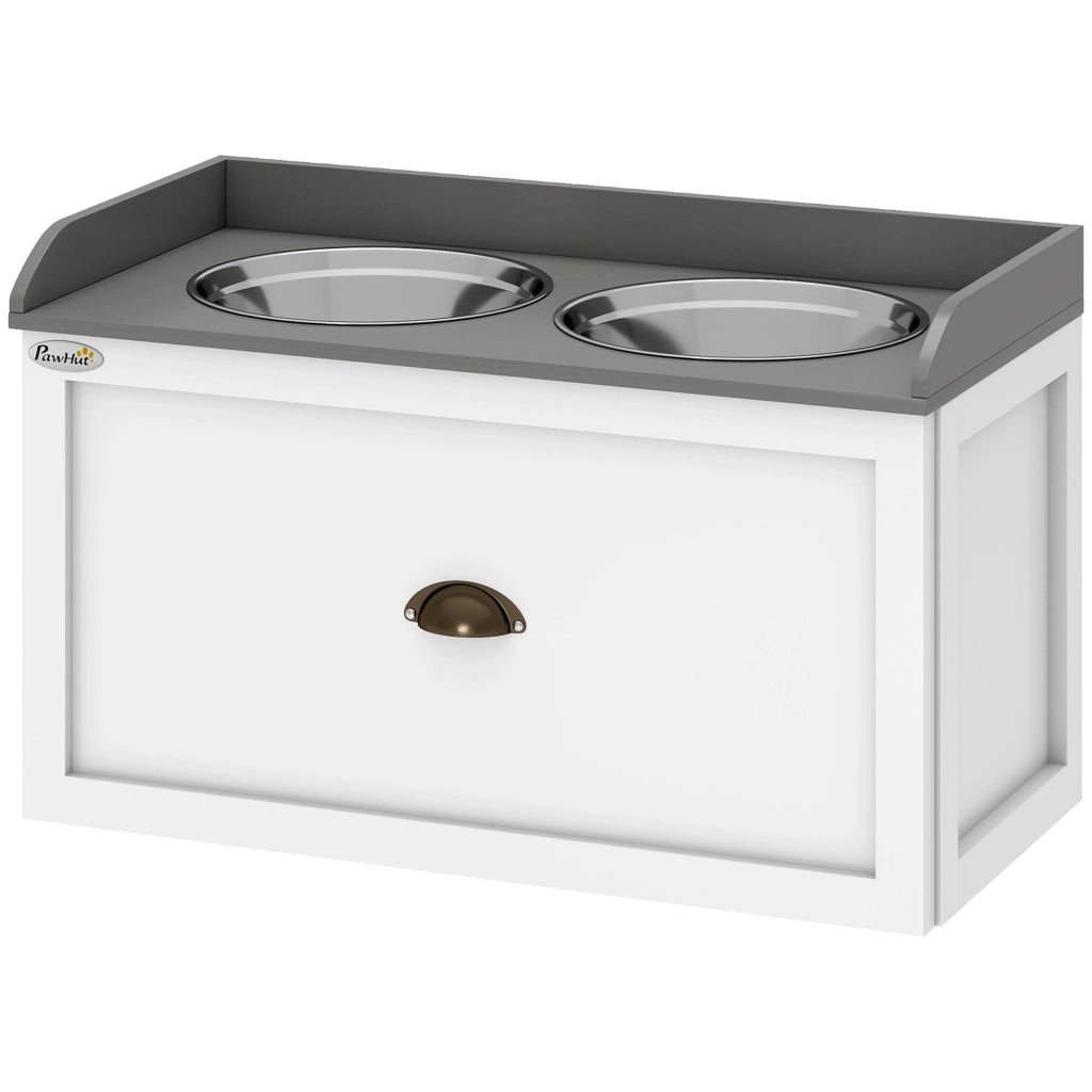 Ciotola Elevata per Cani e Gatti 2 in 1 ¨C zephmum ¨C Bianco Grigio, MDF, Acciaio Inox