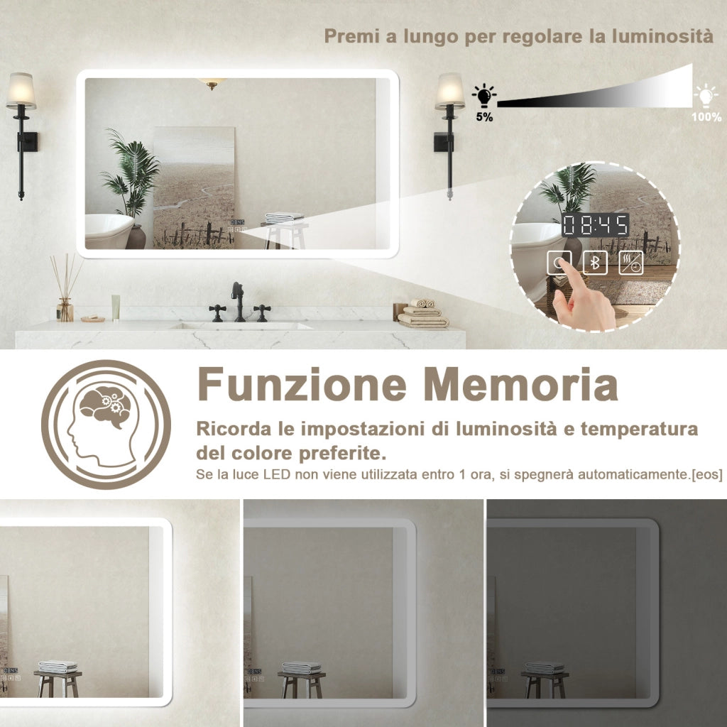 Specchio bagno Rettangolare 140x80cm Led Con 3 Luci Bluetooth + Orologio + Antiappannamento
