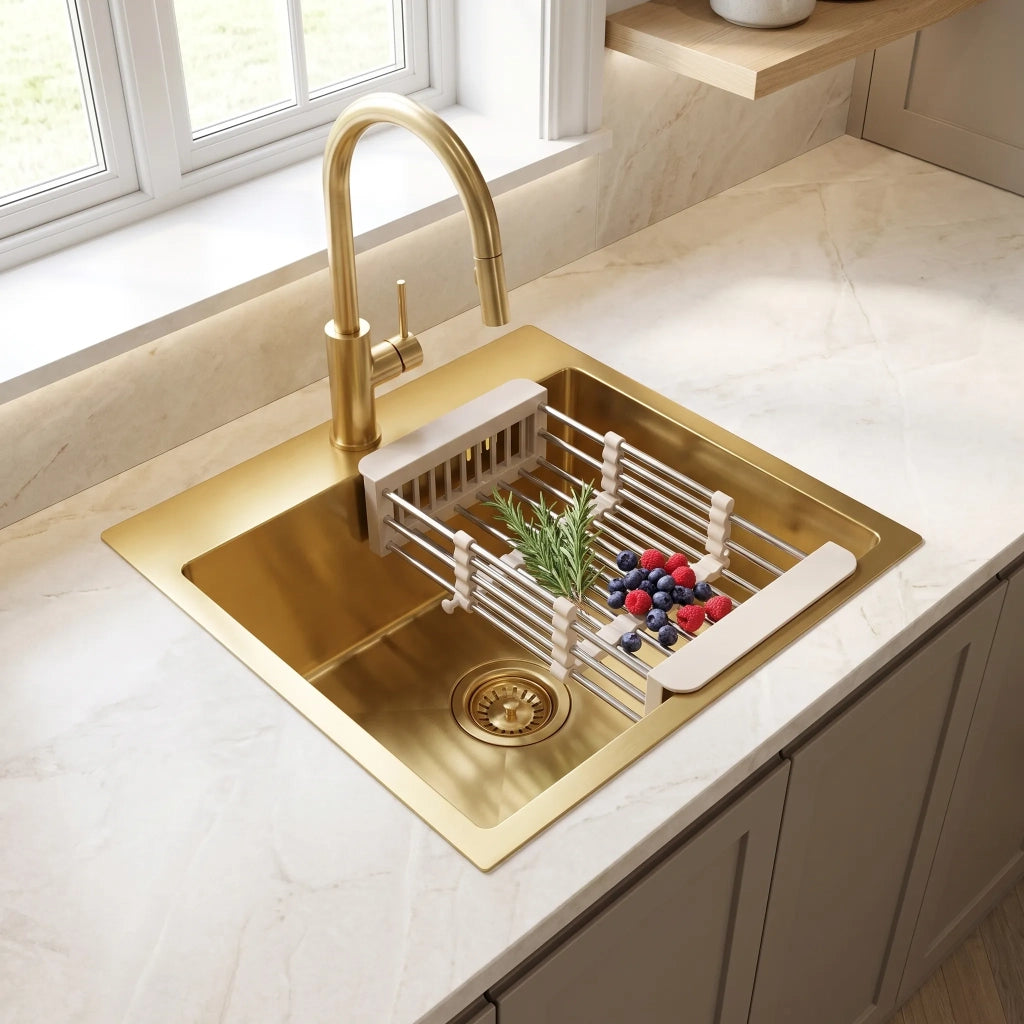 Lavello In Acciaio Con Set Di Accessori 3 Pz. Rea Leo 40 Brush Gold Accessori beige