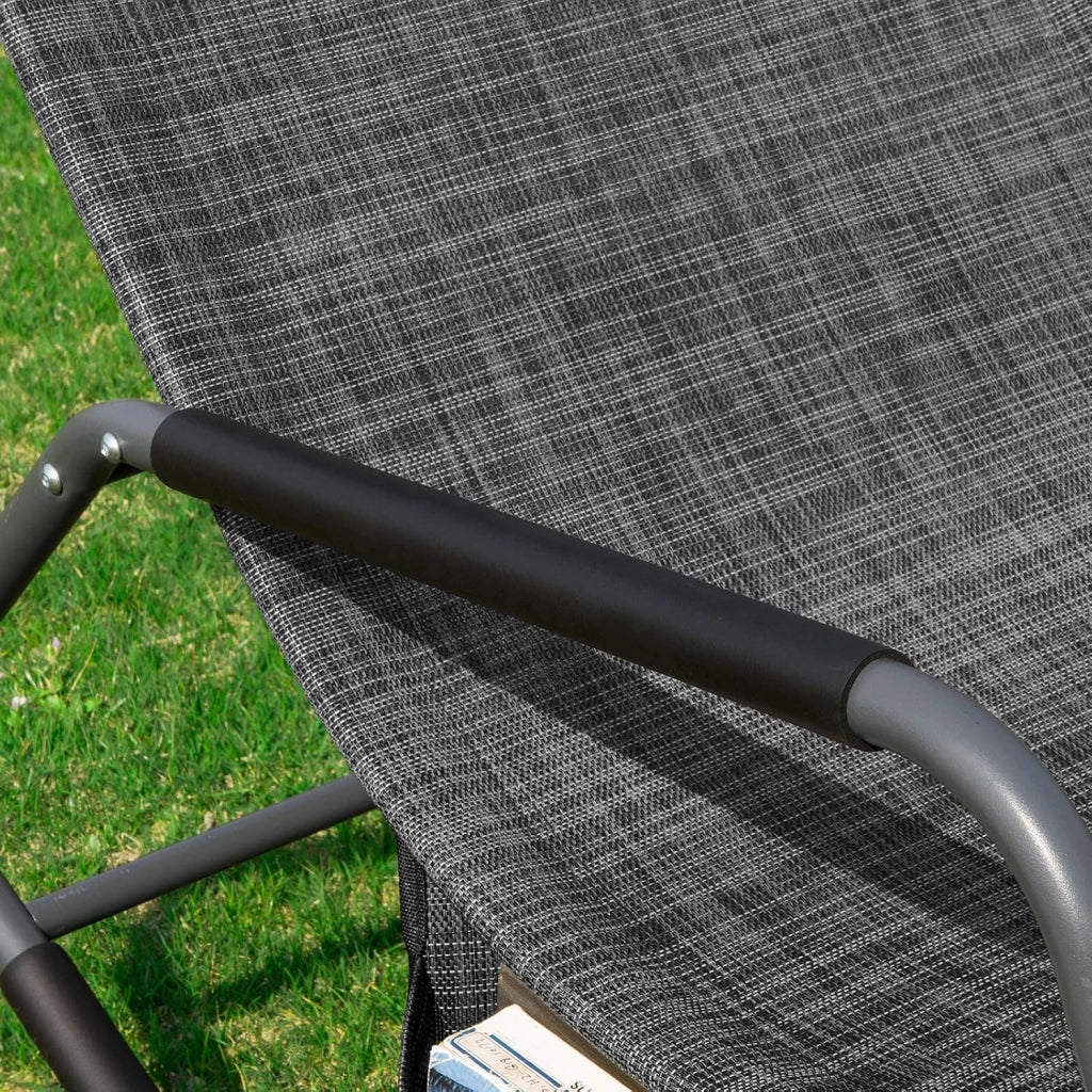 Dondolo da Giardino Sedia a Dondolo da Esterno Lettino Prendisole con Tasca Laterale Poltrona da Giardino Sdraio per Patio Balcone Campeggio Spiaggia Nero/Grigio 143x57x85 cm OGS47-MS