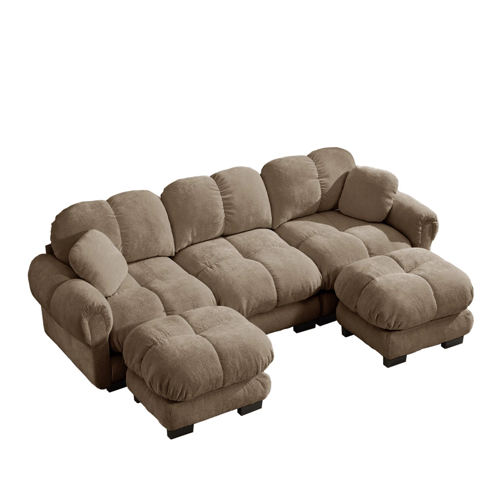 Divano modulare a U 3 posti 260x149 cm con cuciture trapuntate in ciniglia marrone