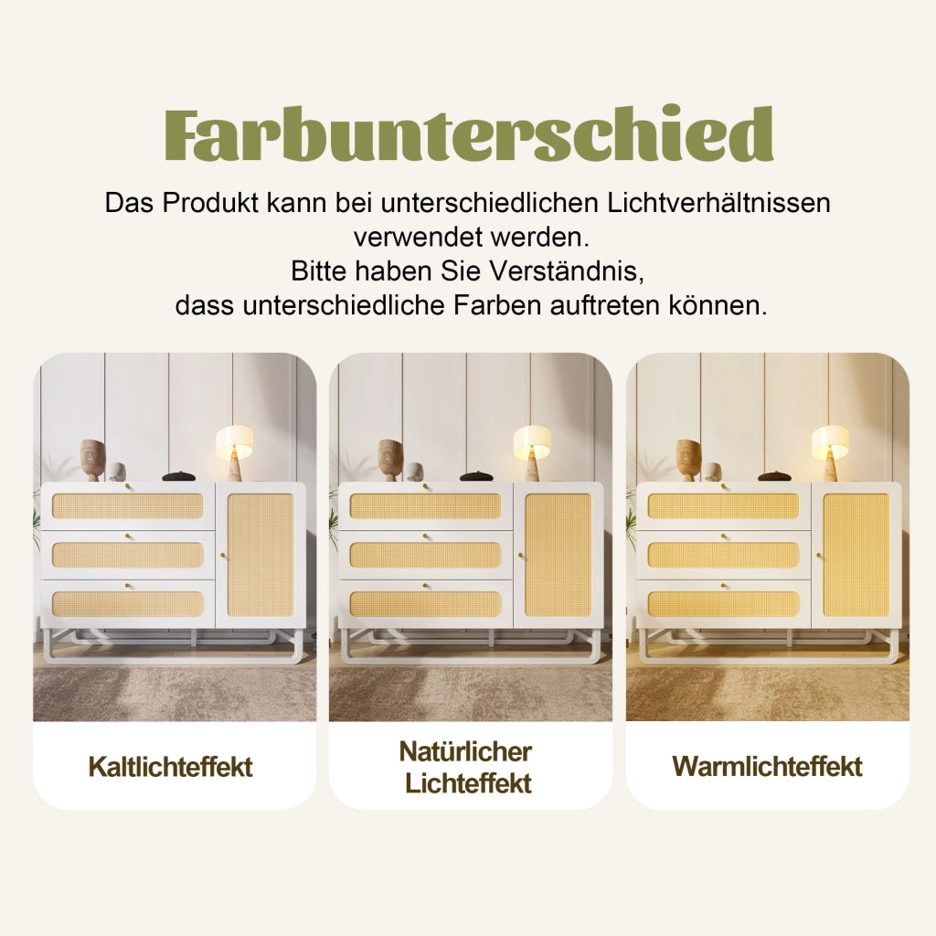 Credenza con 3 cassetti e anta con ripiani regolabili in MDF e metallo bianco 120 × 40 × 85 cm