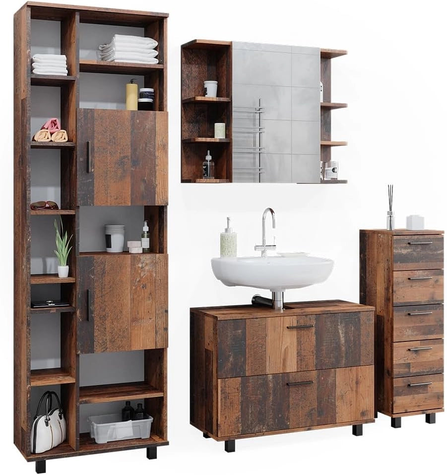 Set di mobili da bagno Ilias, Rovere rustico, 80.2 cm, composto da mobile lavabo, pensile a specchio, colonna e base media