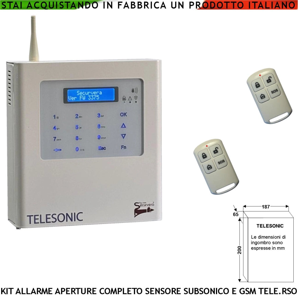 Allarme Sistema Telesonic Kit Completo Sensore SubSonico GSM Telesoccorso Apricancello App Andoid 2 Radiocomandi Predisposto Ascolto Ambientale 4 Zone Filo Memorizza 32 Periferiche Batteria 12 V 1,2Ah
