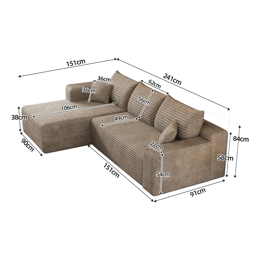 Divano angolare in tessuto con schiuma elastica e design ondulato senza montaggio camel 241 × 151 × 58 cm