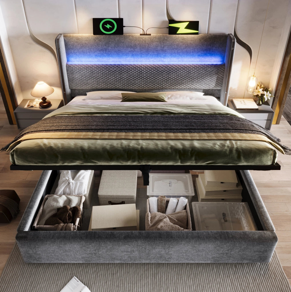 Letto idraulico 140x200 cm grigio con LED, USB-C, vano contenitore e materasso H3