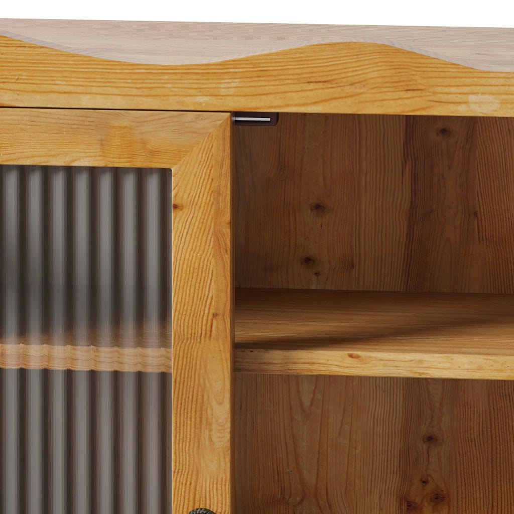 Armadio Pensile Retrò con 4 Ante; 2 Livelli e Spazio Aperto con Ganci; in Legno Massello e Vetro; 100×20×80 cm; Naturale