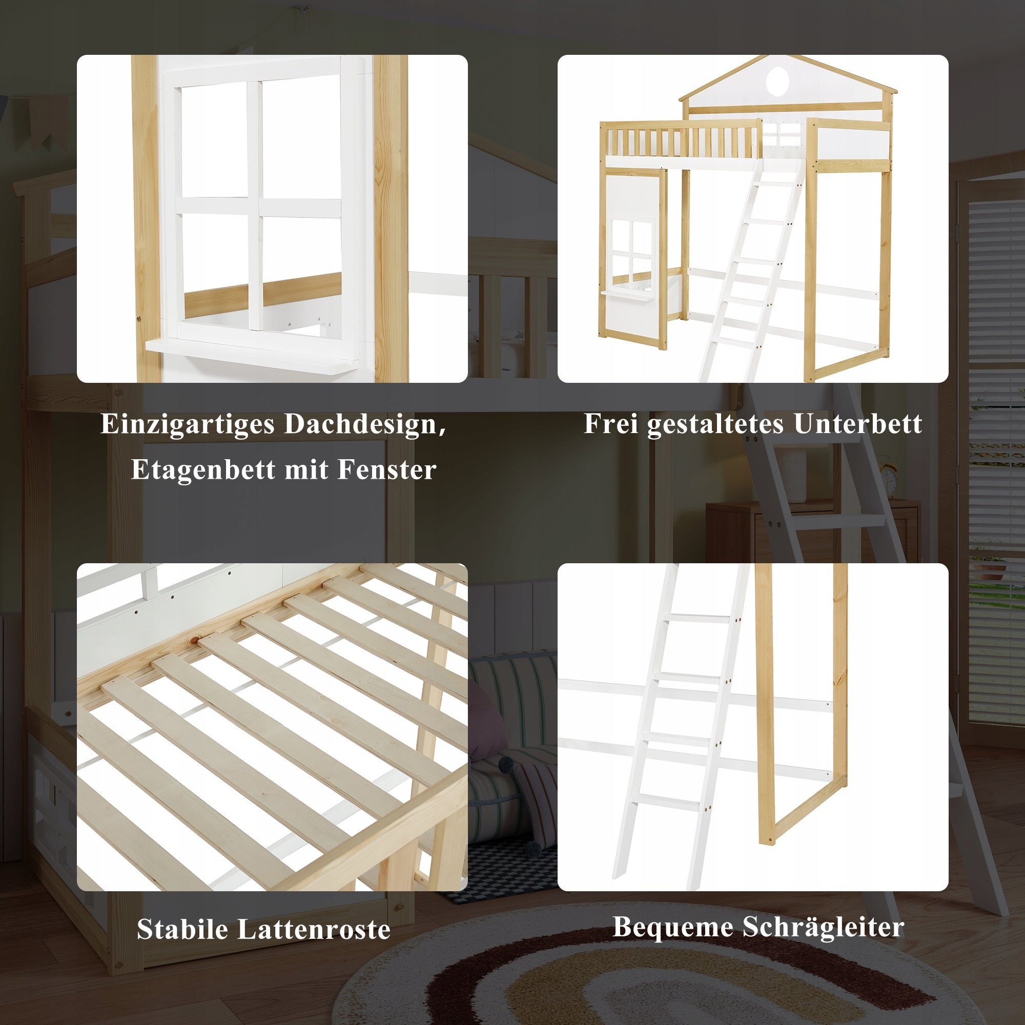 Letto a castello con tetto - Xylo - 90x200 - Bianco+Legno