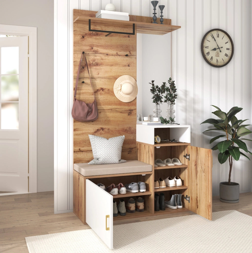 Set ingresso con specchio; scarpiera e appendiabiti 105x40x190;5 cm bianco e legno
