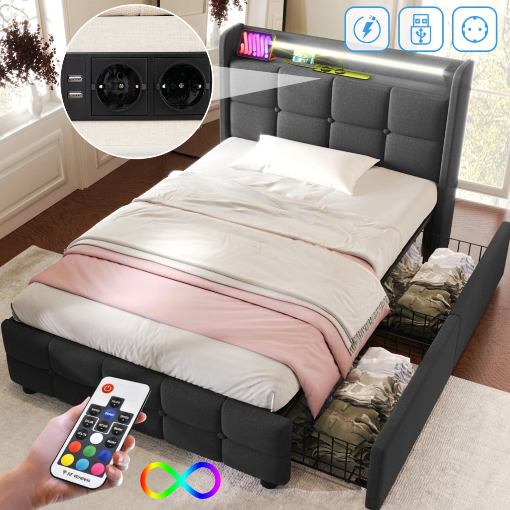 Letto singolo 90x200 cm con LED; porta USB e 2 cassetti; grigio