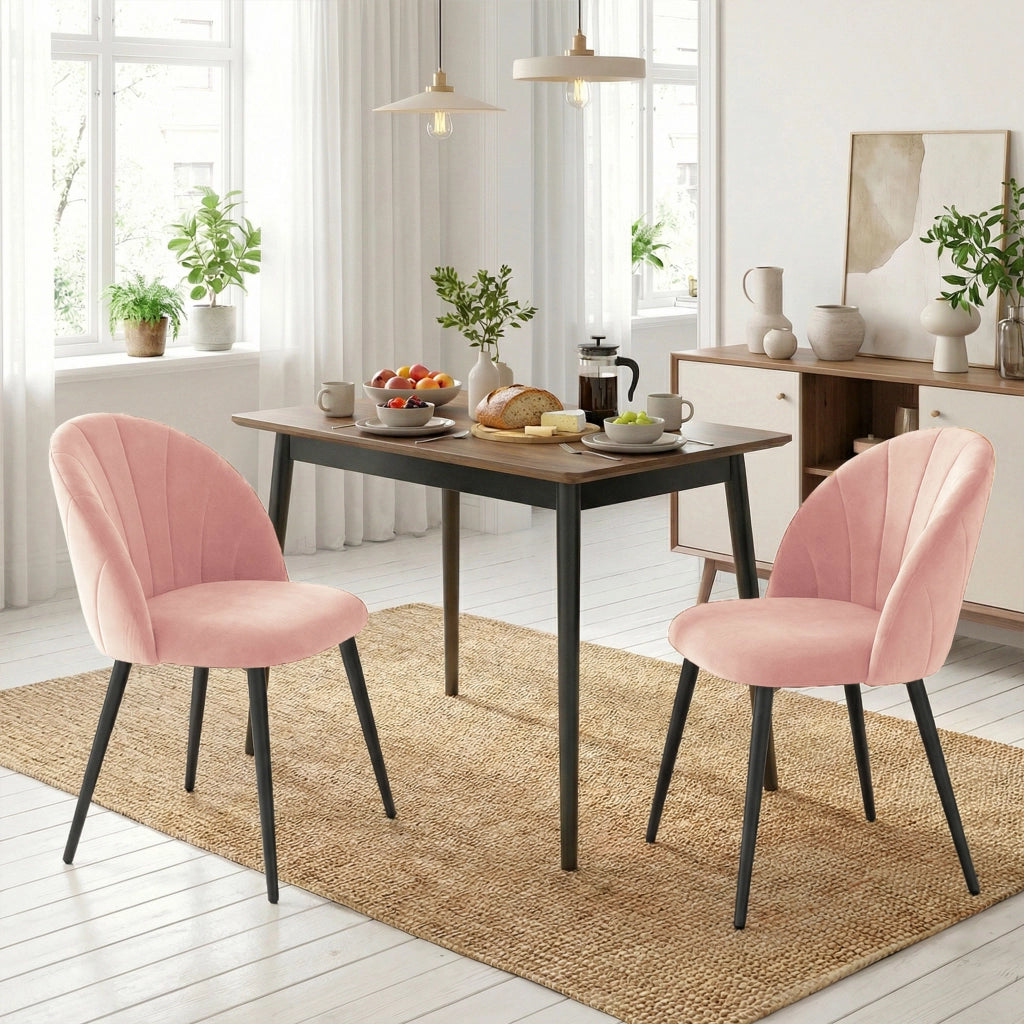 Set 2 Sedie da Pranzo Imbottite con Schienale a Conchiglia in Velluto, 52x55x79 cm, Rosa