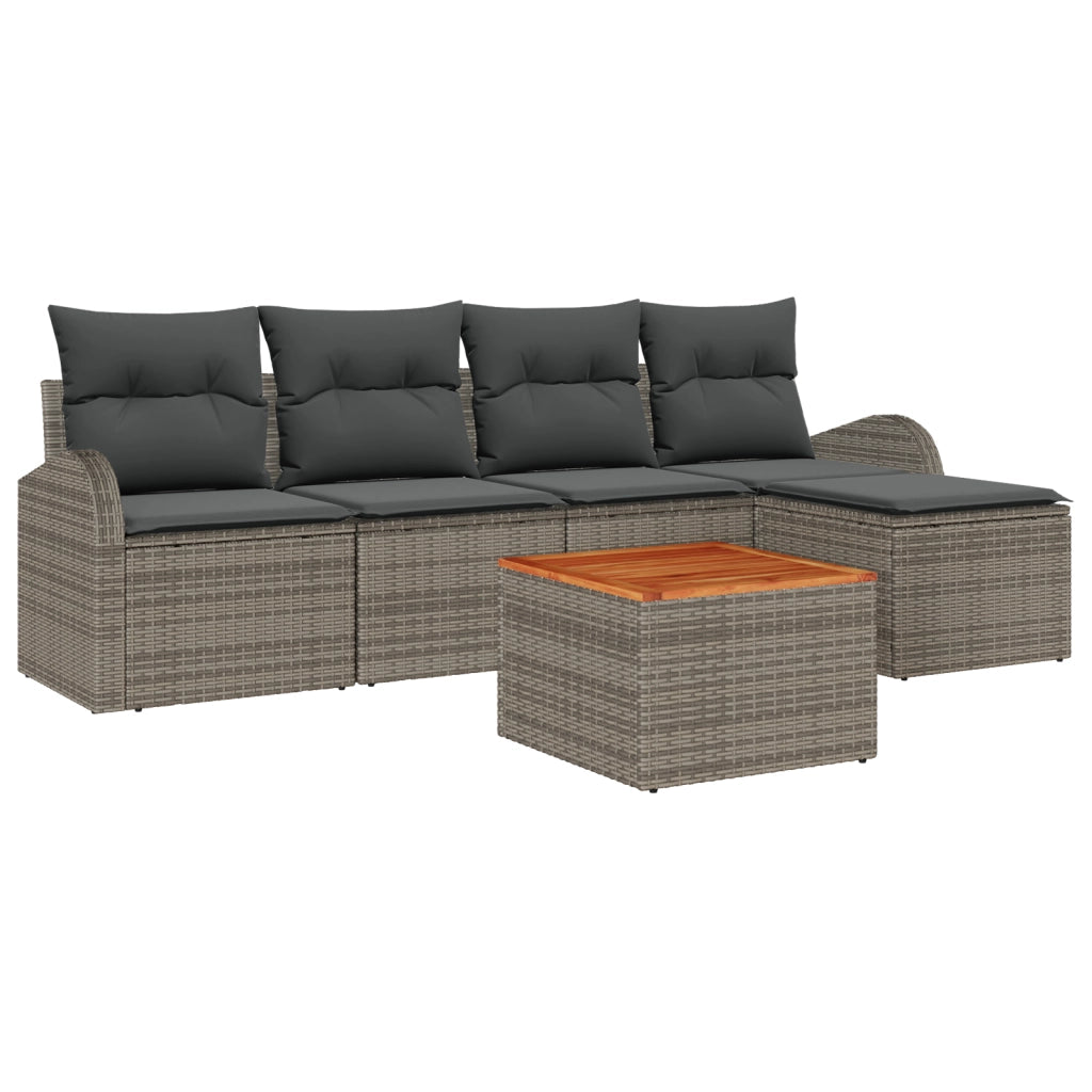 Set di Divano da Giardino 6 Pezzi con Cuscini Grigi in Polirattan e Acacia