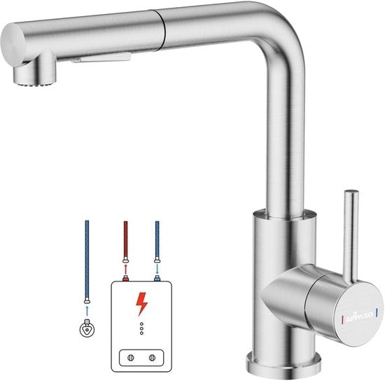 Cranio per cucina a bassa pressione, rubinetto cucina con spruzzatore estensibile per la cucina, rubinetto a un giro per il lavaggio con 1 foro, 360° girevole, bassa pressione L-shape, acciaio inossidabile lucidato