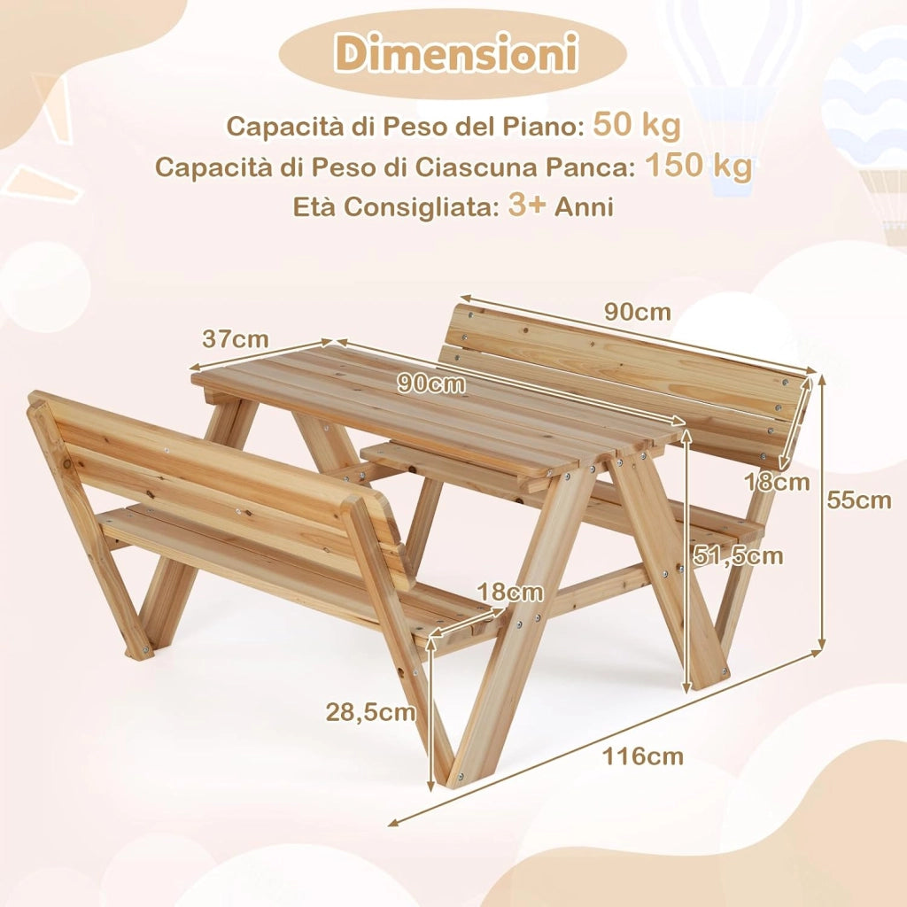 Tavolo da Picnic per Bambini in Legno con 2 Panche Integrate | Set di Tavolo e Sedie per Attività all'Aperto, Mobili per Bambini 3+ Anni per Cortile, Patio e Giardino