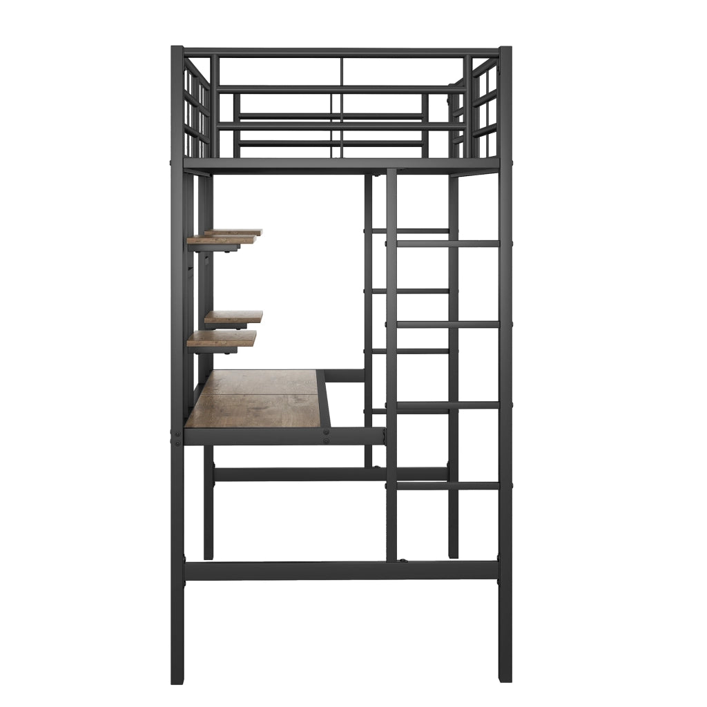 DESMIU Letto A Soppalco Singolo con Scrivania, 2 Scaffali e Scala 90 × 200 cm, Senza Materasso, Metallo Nero