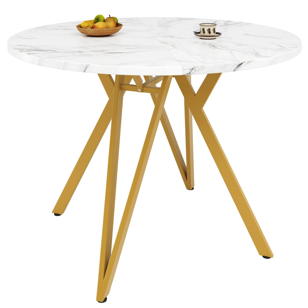 Tavolo da pranzo rotondo con piano in MDF effetto marmo e base in metallo, per sala da pranzo, oro 100 × 100 × 76 cm