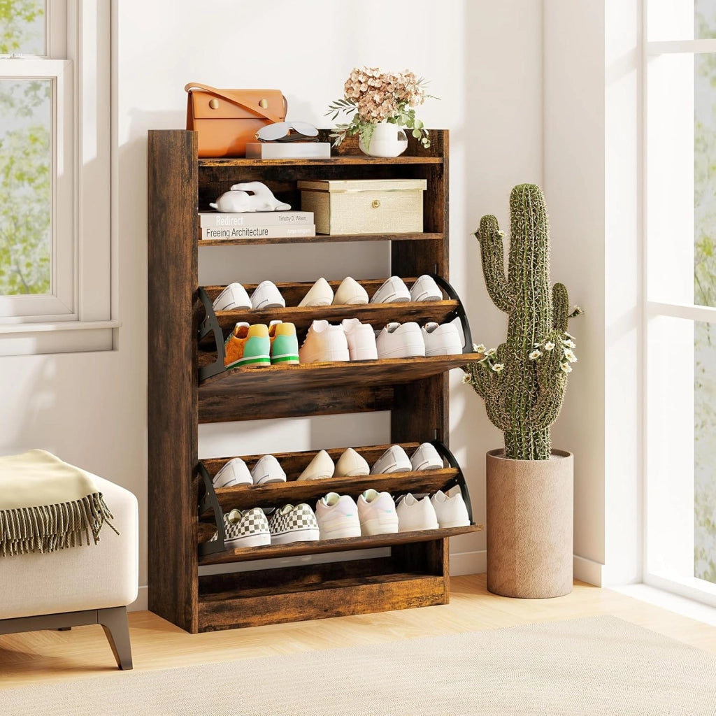 Scarpiera Slim in Legno, Portascarpe a 4 Livelli con 2 Cassetti a Ribalta, con Ripiano Aperto, Mobile Porta Scarpe per Ingresso Corridoio, 60x24x102 cm (Marrone)