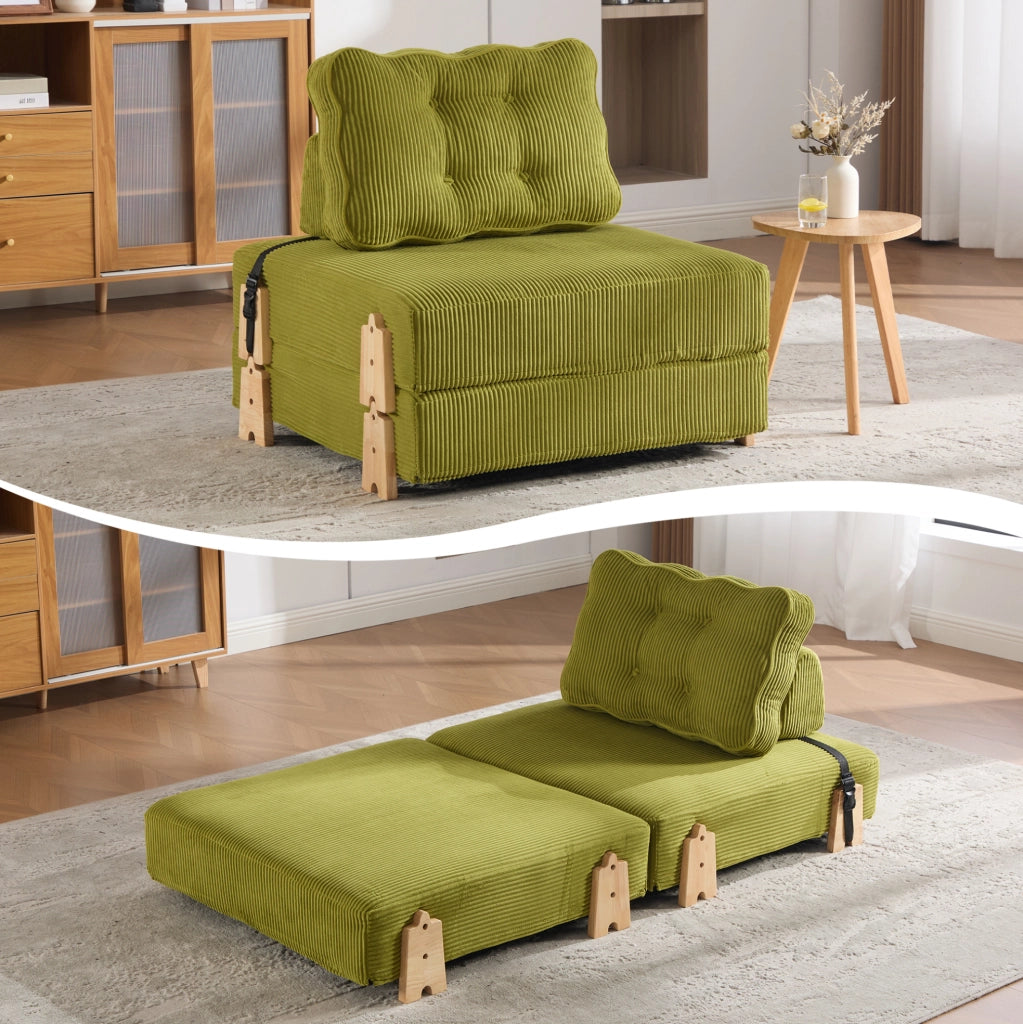 Poltrona letto pieghevole convertibile in corda verde oliva; 90x86x84 cm; gambe in legno