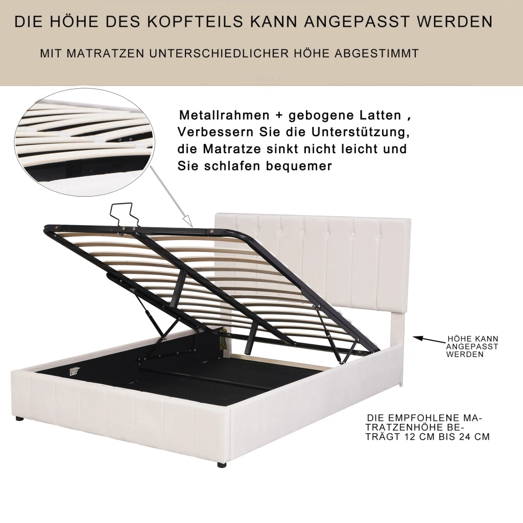 Letto Contenitore 140x200 cm; con Alzata Idraulica; Testiera Imbottita e Velluto Crema