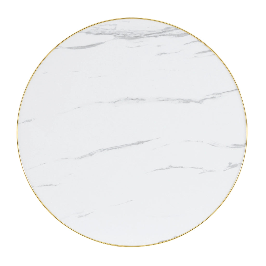 Tavolino basso rotondo con piano effetto marmo e bordo in acciaio inossidabile dorato, per soggiorno, bianco oro
