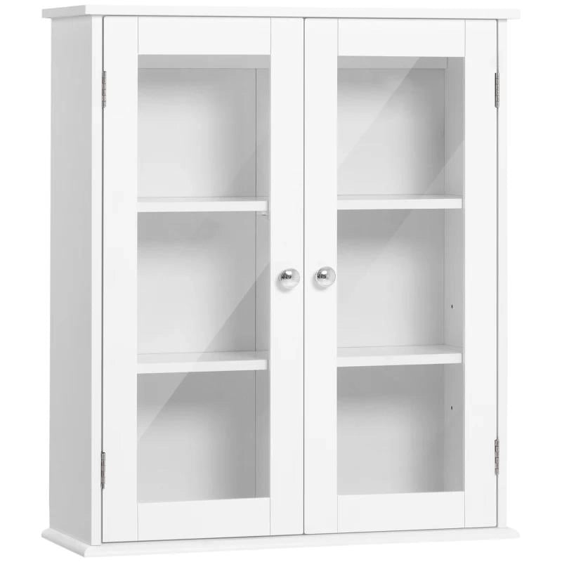 ARMADIETTO PENSILE BAGNO A 2 ANTE IN LEGNO E VETRO CON RIPIANO REGOLABILE, 55X20X65 CM, BIANCO
