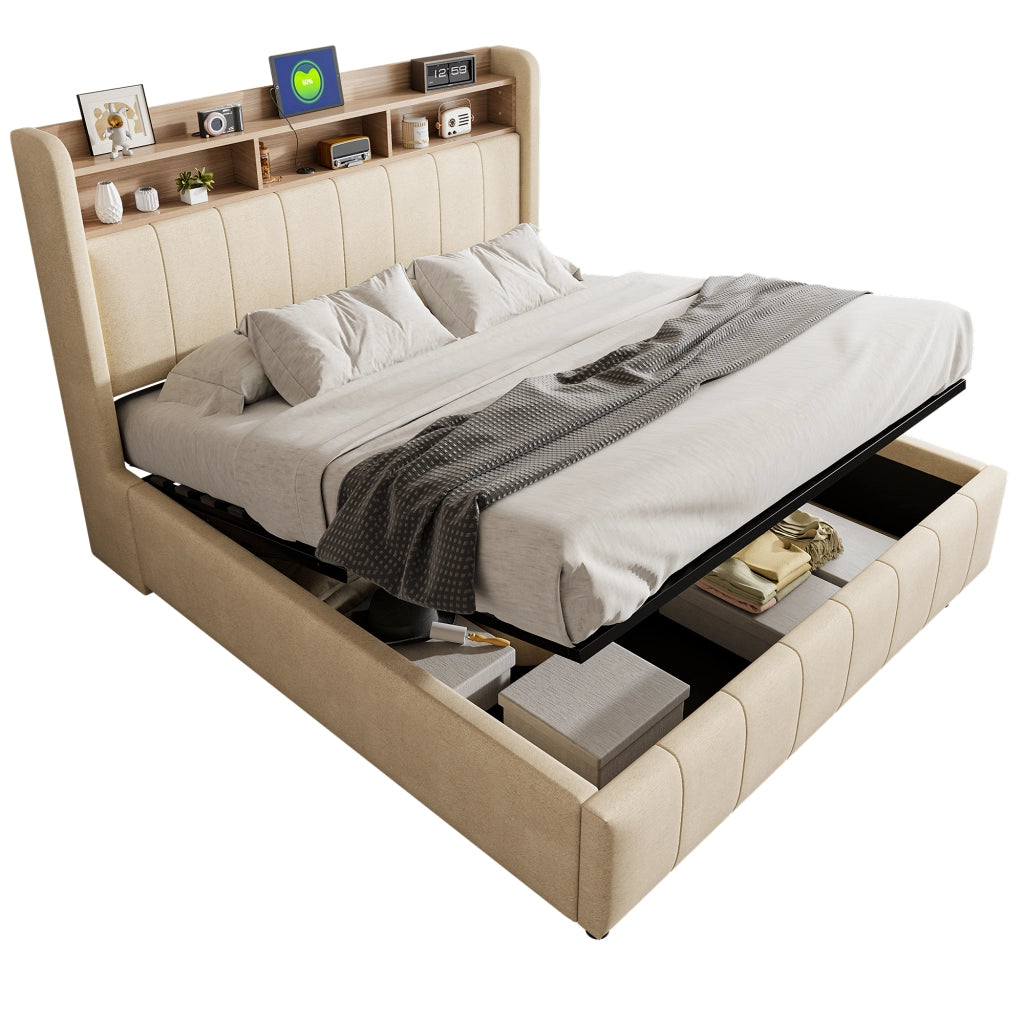 Letto imbottito 160x200 cm con contenitore; LED e prese USB/Tipo C; tessuto beige