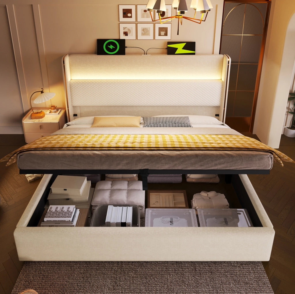 Letto matrimoniale con testiera alta, LED, contenitore e ricarica USB e Type-C