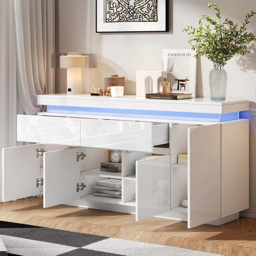 Madia ULEVR 140x35x72,5 cm con 4 ante, 2 cassetti, LED e USB, bianco lucido
