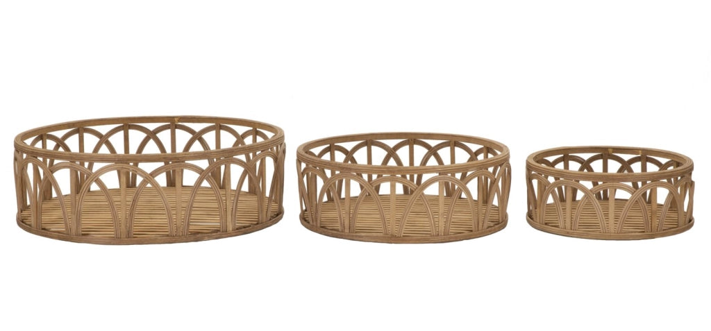 Set di 3 Svuotatasche Rotondi Fuji in Rattan Intrecciato - Design Artigianale Boho Chic - Dimensioni Ø 50x16, 40x14 e 30x12 cm