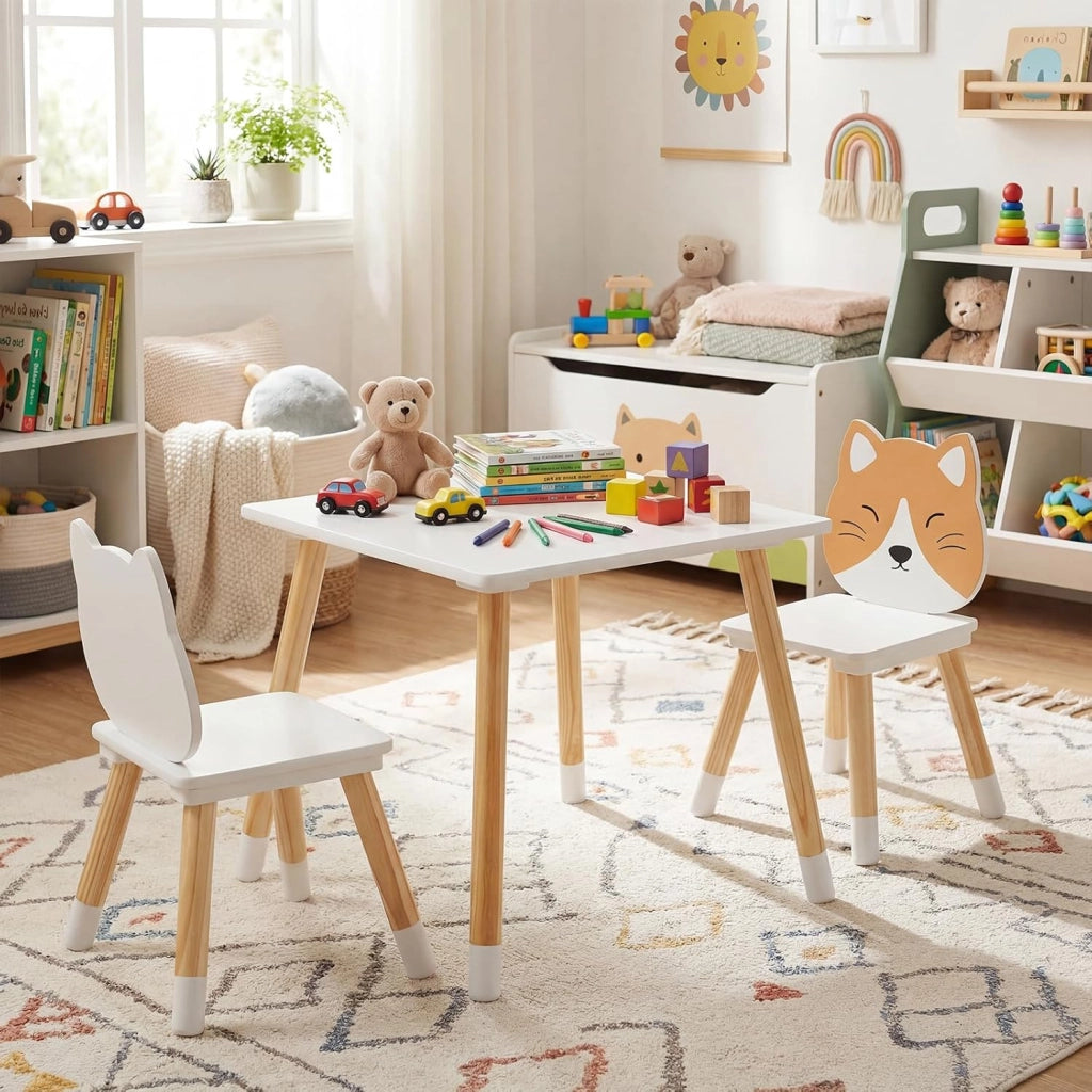 Set Tavolo e Sedie per Bambini 3+ Anni, Set Tavolino e Sedia in Legno a Forma di Gattino, Angoli Arrondati, Sedia Ergonomica con Schienale, Ideale per Giocare, Disegnare e Leggere
