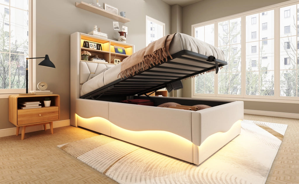 DESMIU Lit enfant 90 × 200 cm con LED, USB, vano contenitore, senza materasso, beige