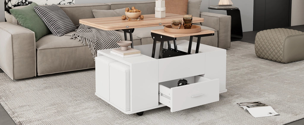 TAVOLO da caffè sollevabile 100x50 cm Bianco e effetto legno con 4 sgabelli