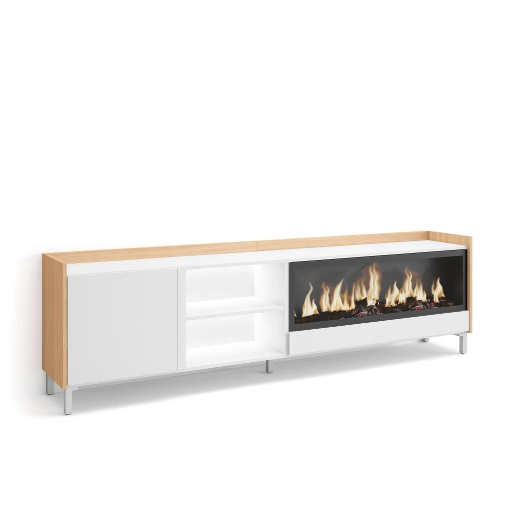 Mobile TV Soggiorno, 212x61x35 cm, Per TV fino a 80", Camino elettrico XXL, Design industriale, LED, Bianco e Rovere soft