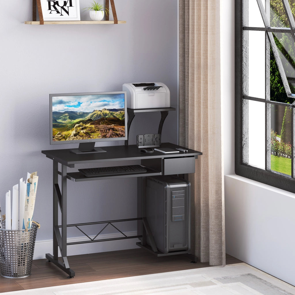 EasyComfort Scrivania per Computer Salvaspazio in Acciaio e Legno, Scrivania da Ufficio con Cassetto, Ripiano Tastiera Estraibile, 90x50x100 cm, Nero