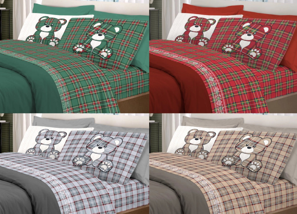 Completo Lenzuola Linea Pensieri Delicati 100% Cotone Disegno Orsetto Tartan - Piazza E Mezza - Rosso