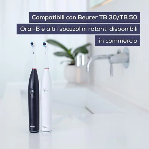Beurer 10158 Clean - KIT_ 4 testine di ricambio Sensitive per spazzolini oscillanti-rotanti, compatibili con TB 30-TB 50, setole morbide per gengive sensibili, cappucci protettivi, anelli colorati, Bianco