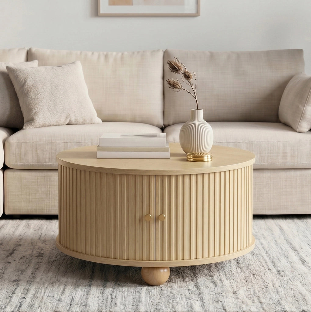 Tavolino da salotto rotondo 72x72x38 cm in MDF naturale con ante scorrevoli