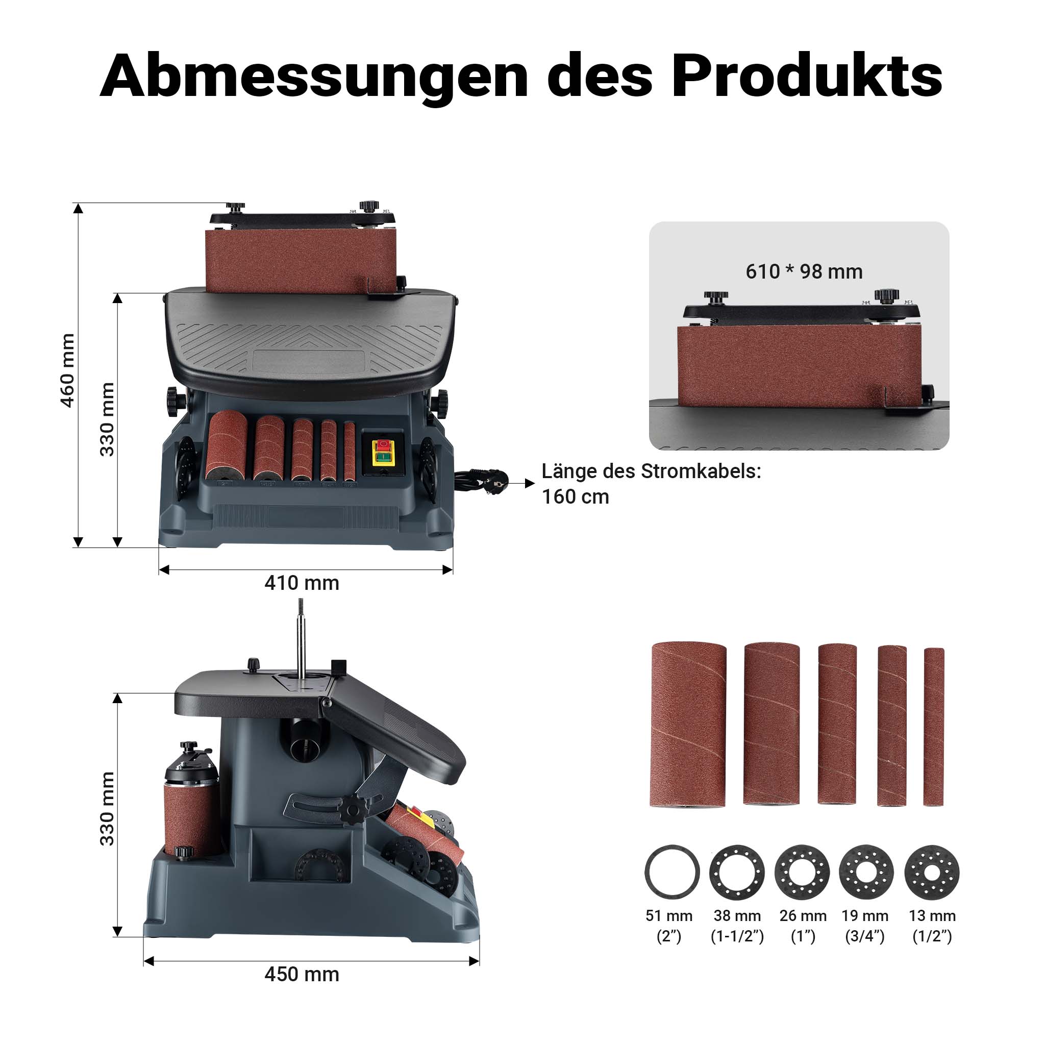 Levigatrice a mandrino oscillante 500 W, 2000/min, funzionamento a rullo e a nastro, con 5 bussole, Smerigliatrice